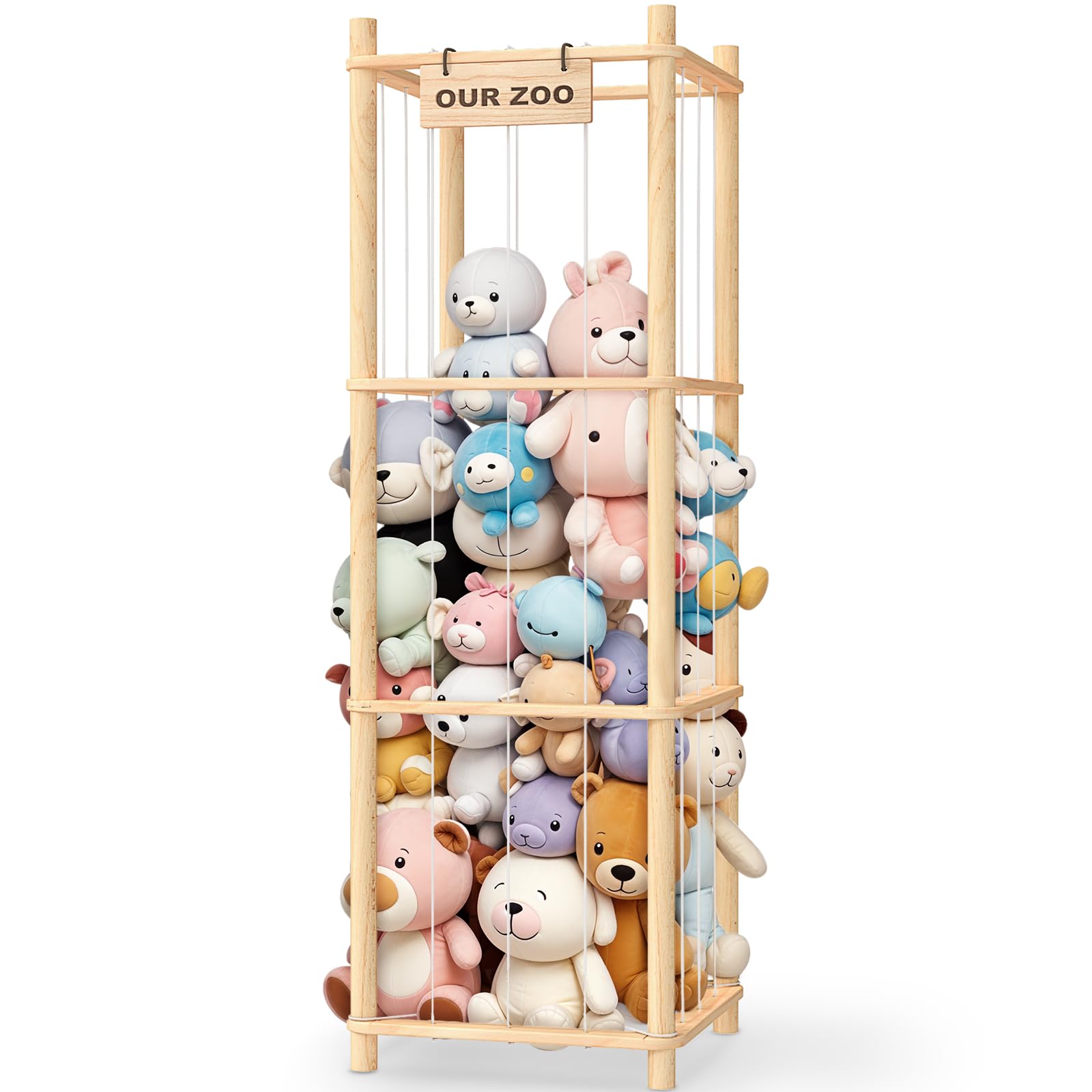 Woodure Stuffed Animal Storage & Organizer, Wooden Cute Zoo Toy Holder for Toddler Rooms, Playrooms & Bedrooms