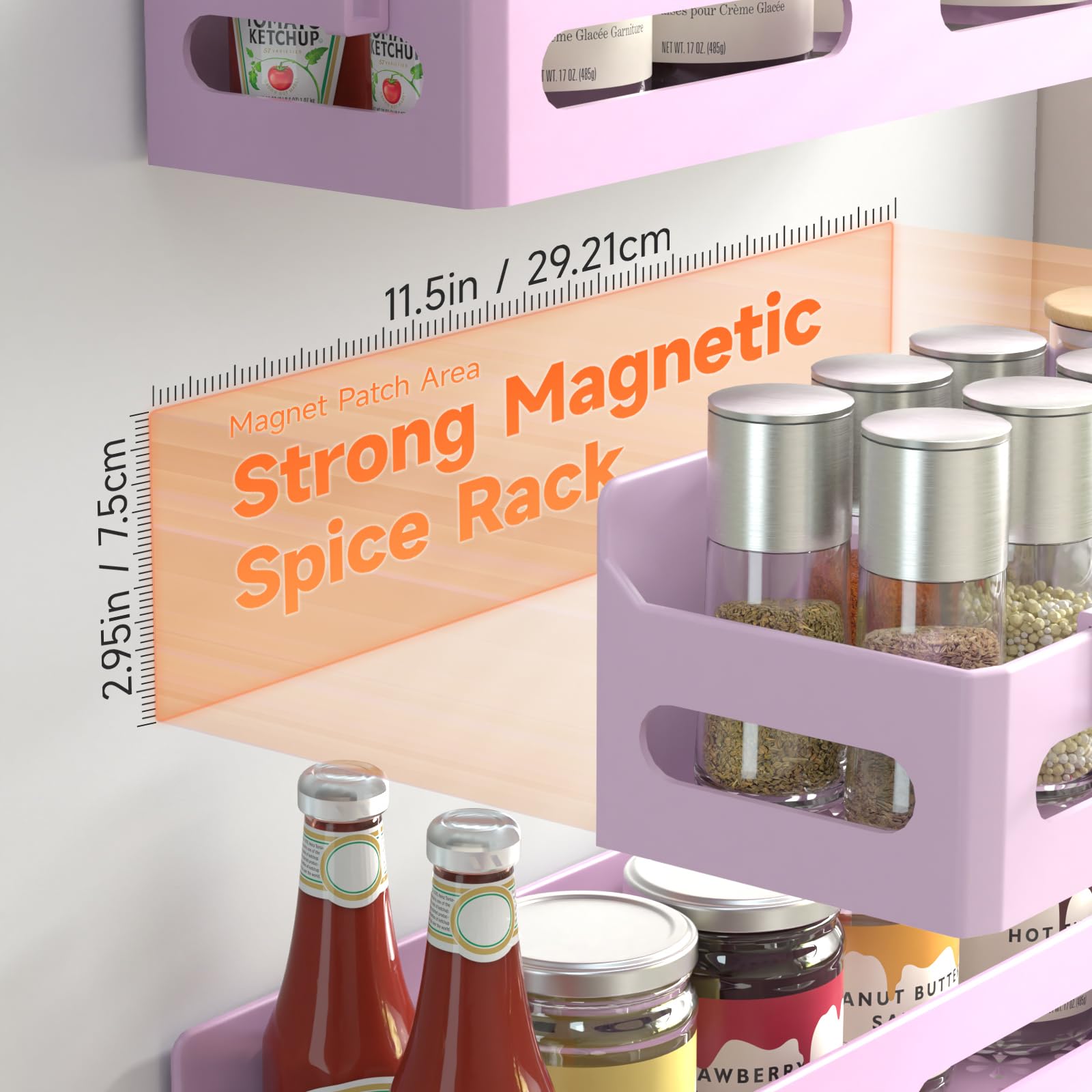 4 Pack Strong Magnetic Spice Rack for Refrigerator, Multipurpose Magnetic Shelf for Fridge with 4 Hooks for kitchen and Bathroom Organization, Black