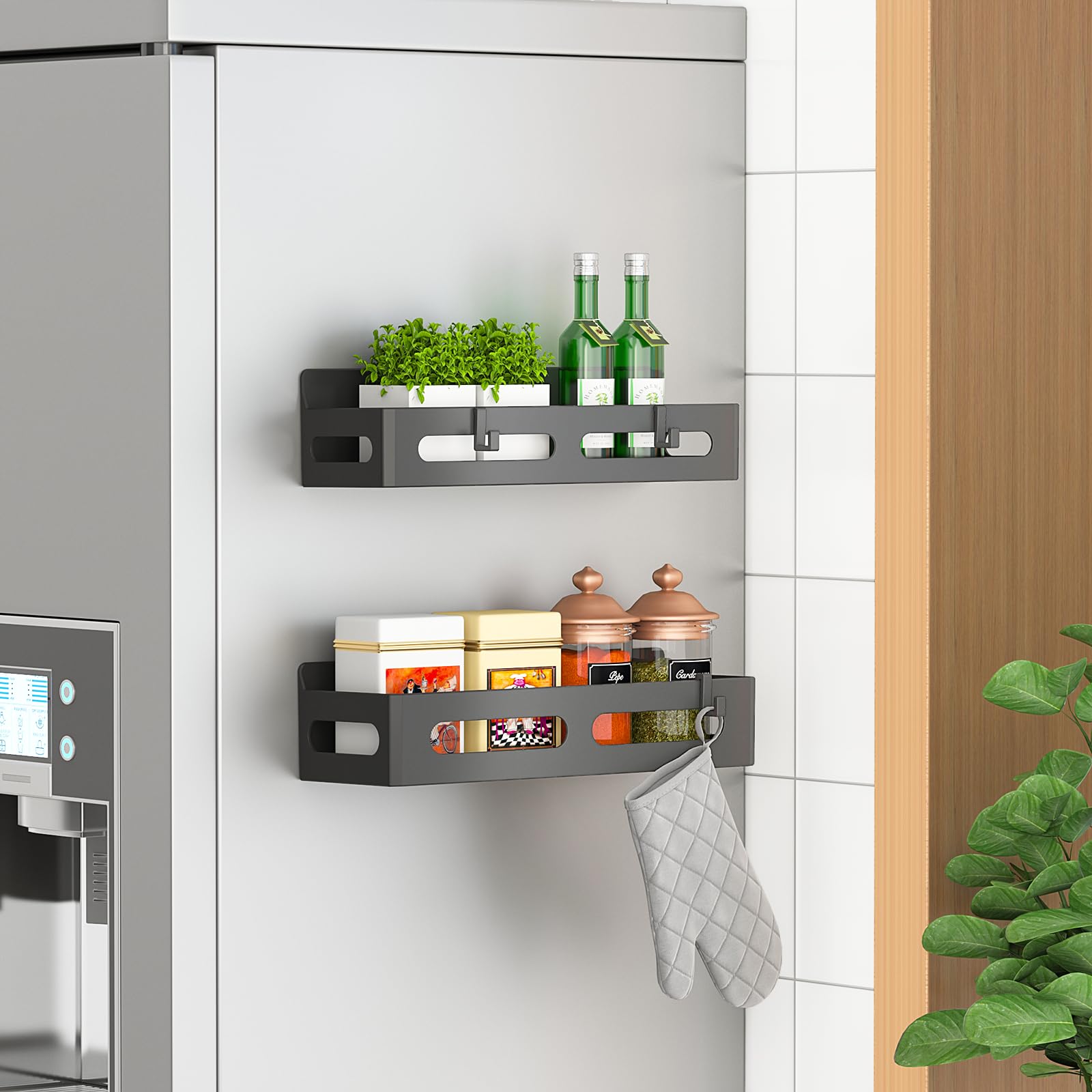 4 Pack Strong Magnetic Spice Rack for Refrigerator, Multipurpose Magnetic Shelf for Fridge with 4 Hooks for kitchen and Bathroom Organization, Black