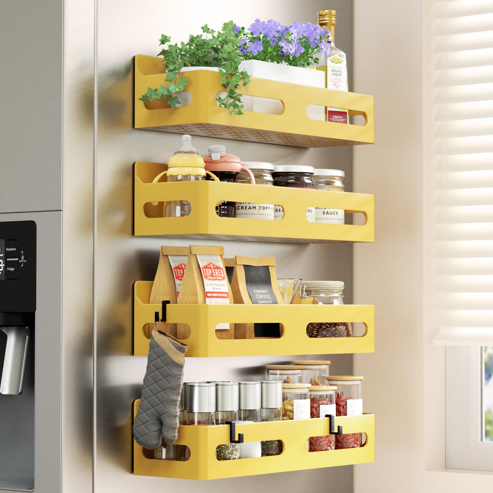 4 Pack Strong Magnetic Spice Rack for Refrigerator, Multipurpose Magnetic Shelf for Fridge with 4 Hooks for kitchen and Bathroom Organization, Black