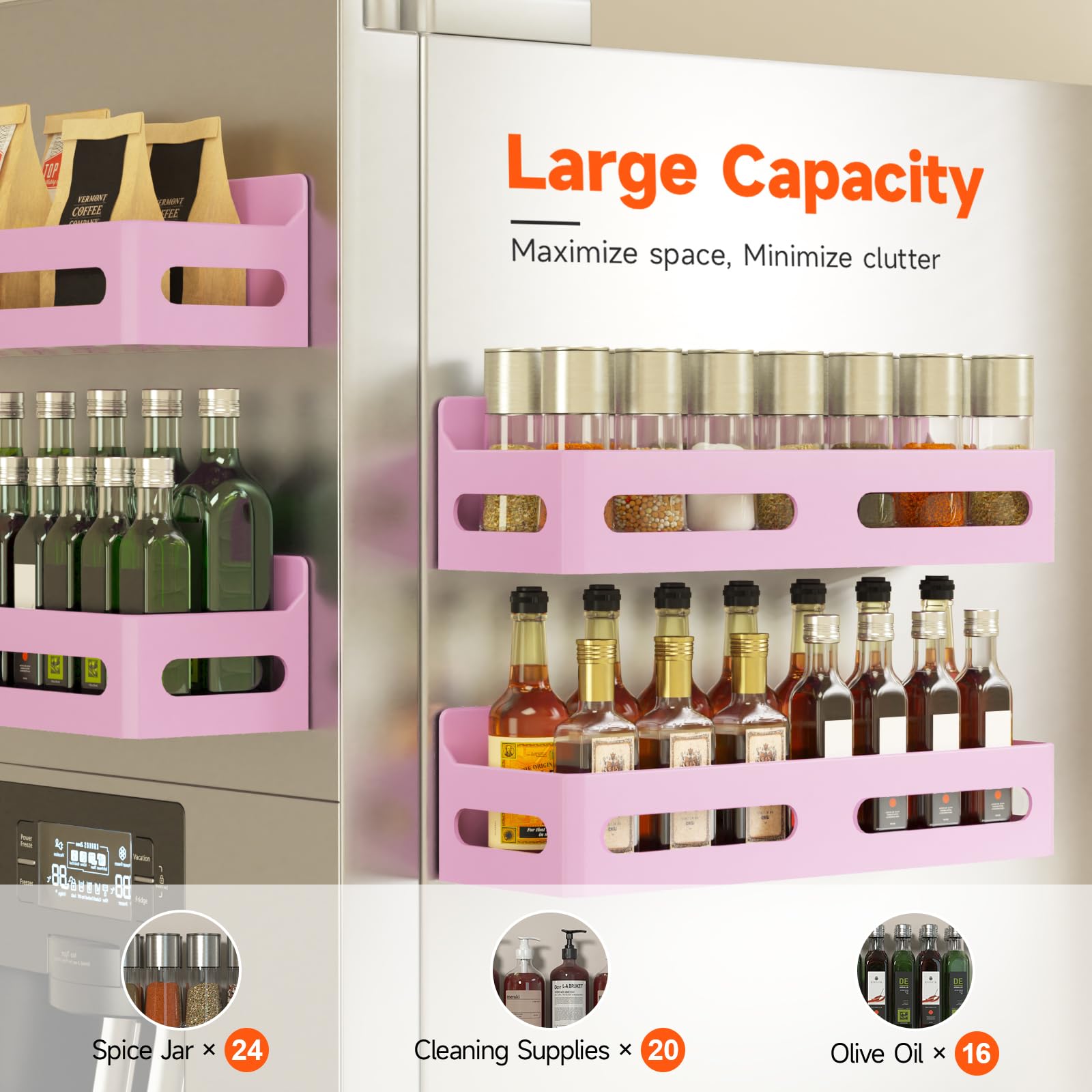 4 Pack Strong Magnetic Spice Rack for Refrigerator, Multipurpose Magnetic Shelf for Fridge with 4 Hooks for kitchen and Bathroom Organization, Black