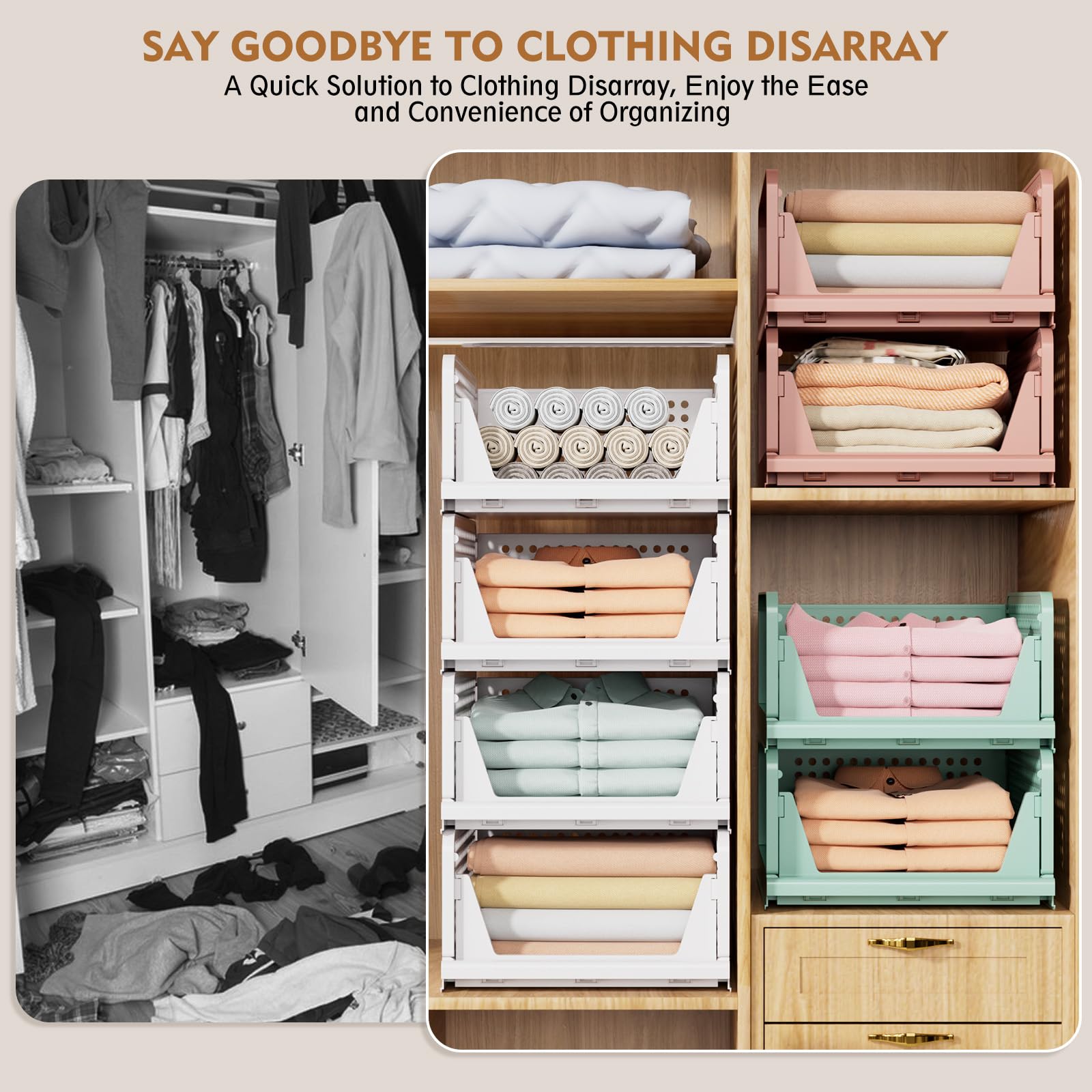 SNSLXH 5 Pack Stackable Closet Storage Basket, Multifunctional & Foldable Closet Organizer for Bathroom Kitchen Laundry Room Wardrobe Storage, Space-Saving Clothes Storage Drawer Organizer, White