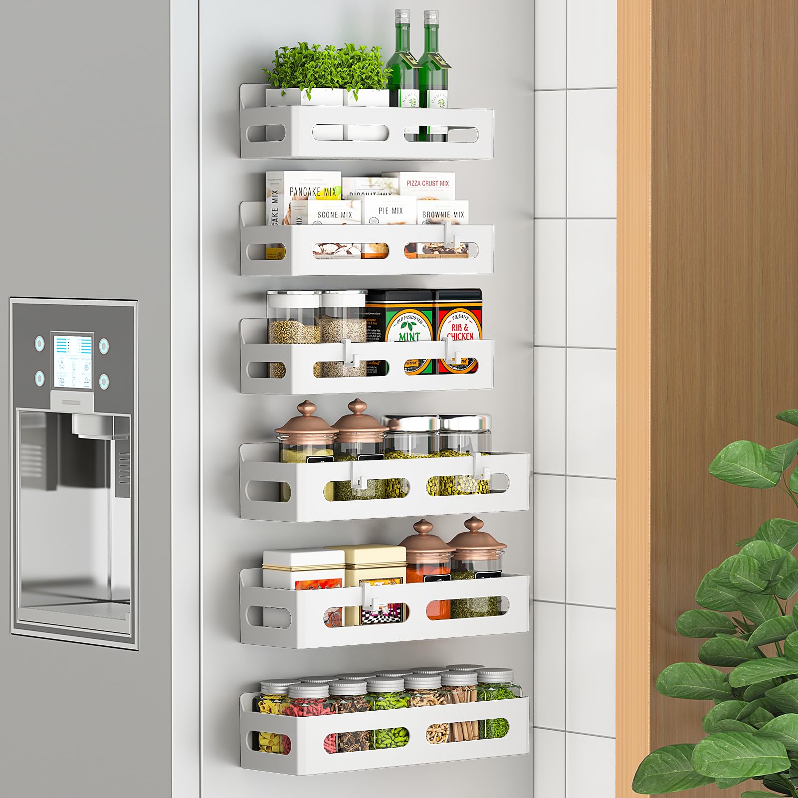 4 Pack Strong Magnetic Spice Rack for Refrigerator, Multipurpose Magnetic Shelf for Fridge with 4 Hooks for kitchen and Bathroom Organization, Black