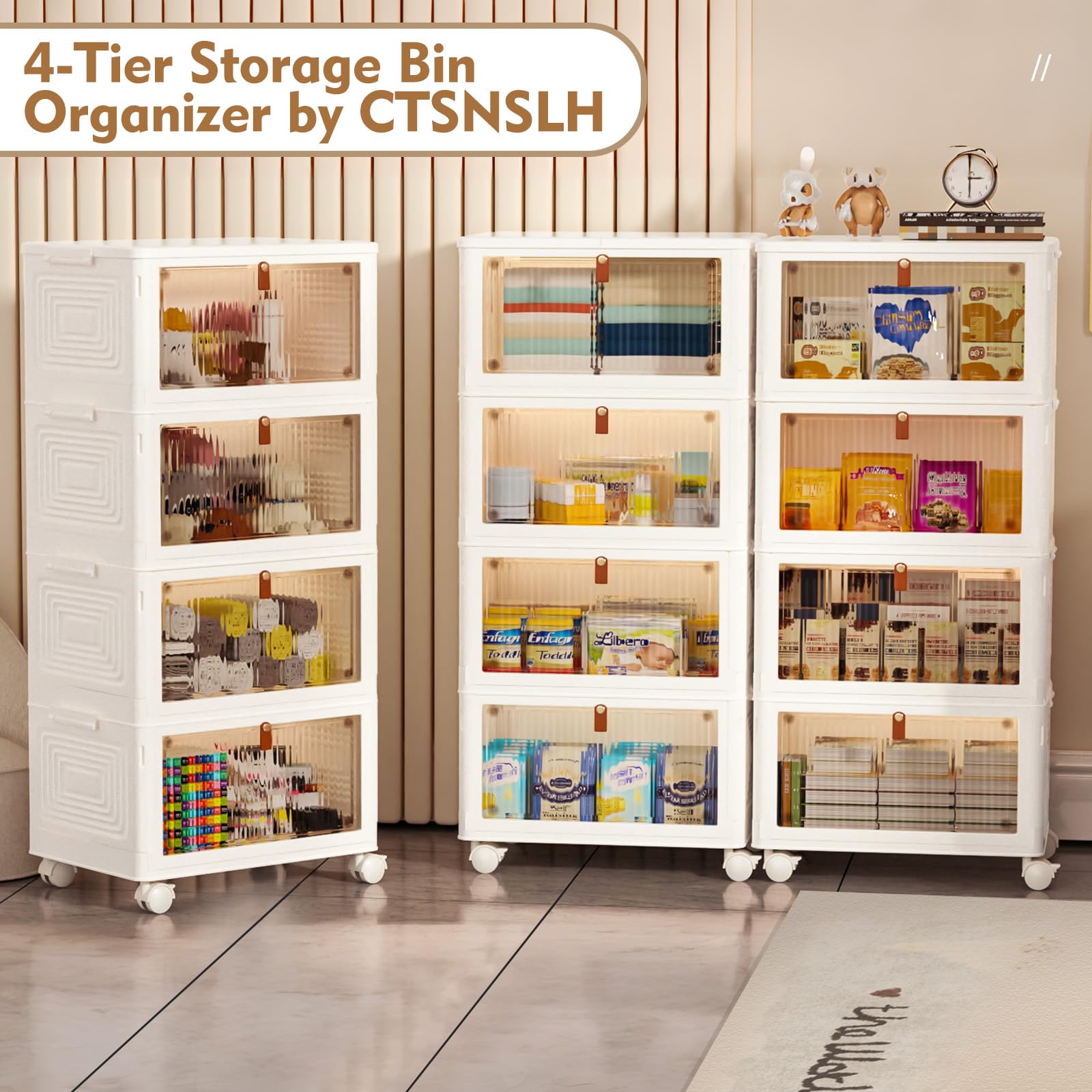 CTSNSLH 4 Tier Plastic Storage Bins and Boxes Organizer - Stackable with Lids for Bedroom, Living Room, Office - Foldable Containers