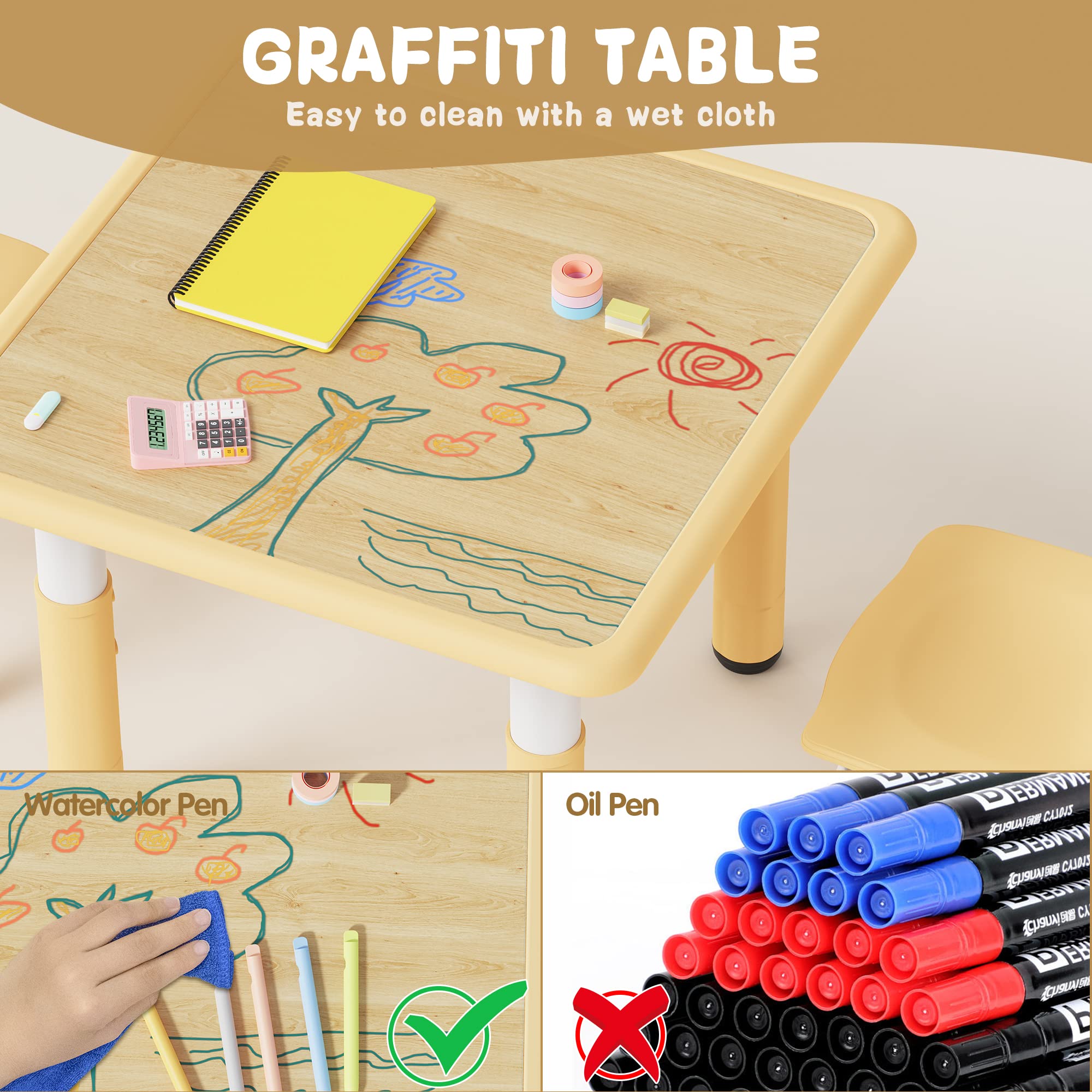 Brelley Kids Table and 2 Chairs Set, Height Adjustable Toddler Desk and Chair Set, Graffiti Desktop, Classroom/Daycare/Home, Children Multi-Activity Table for Ages 2-8