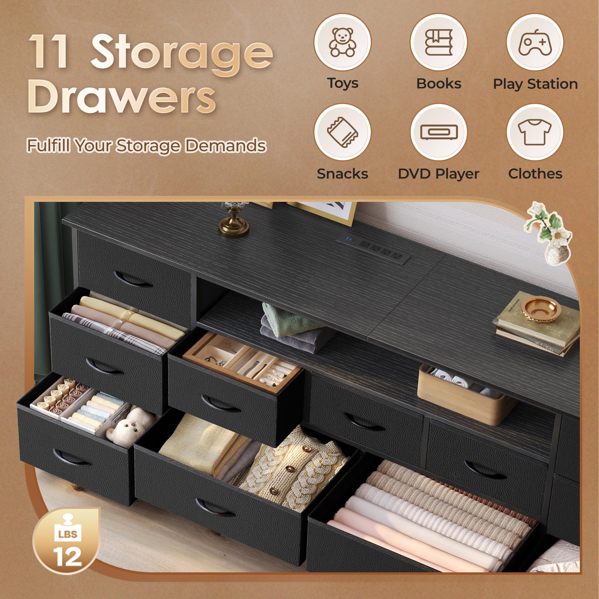 Huuger 63 Inch TV Stand for 65, 70 Inch TV, 11 Drawer Long Dresser with Power Outlets and LED Lights, Entertainment Center with Storage, Black Dresser with PU Leather Surface