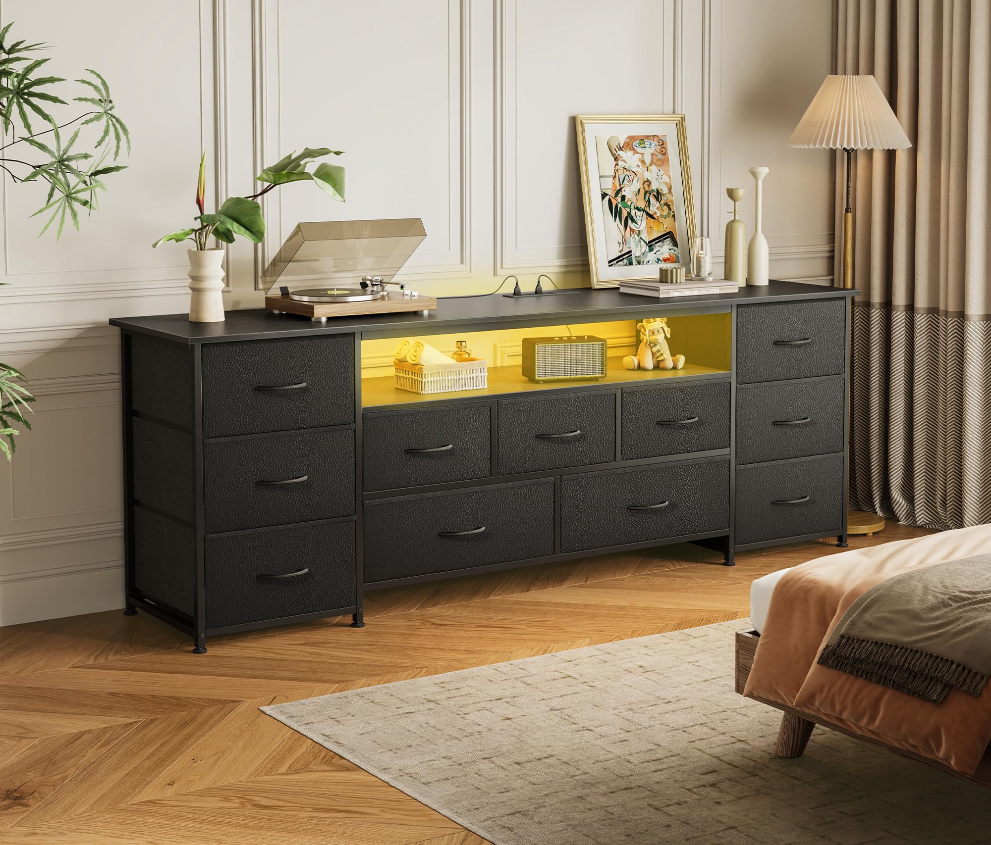 Huuger 63 Inch TV Stand for 65, 70 Inch TV, 11 Drawer Long Dresser with Power Outlets and LED Lights, Entertainment Center with Storage, Black Dresser with PU Leather Surface