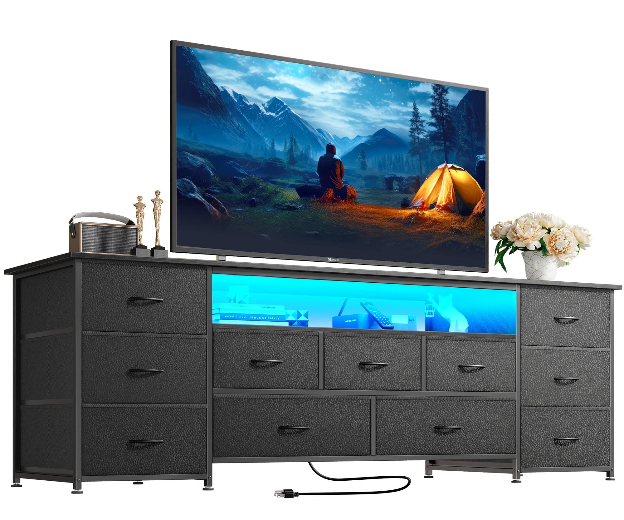 Huuger 63 Inch TV Stand for 65, 70 Inch TV, 11 Drawer Long Dresser with Power Outlets and LED Lights, Entertainment Center with Storage, Black Dresser with PU Leather Surface